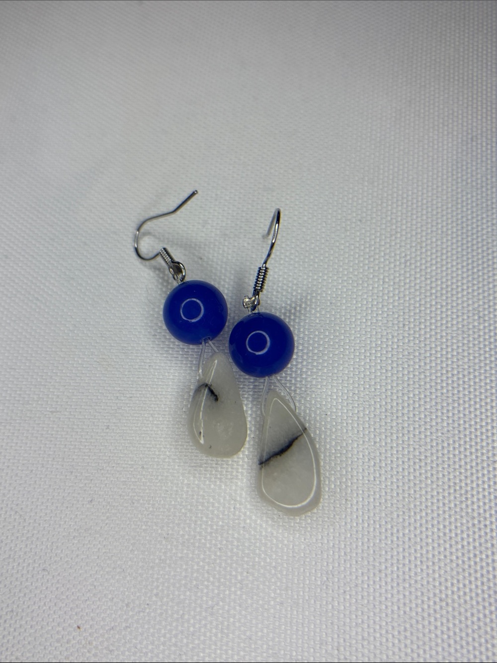 handcrafted, blue cobalt glass, zebra stone, teardrop hook, dangle earrings